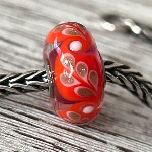 TROLLBEADS Bright Red & Fuschia Pink Glitter Ferns Unique LAA 925S NEW!